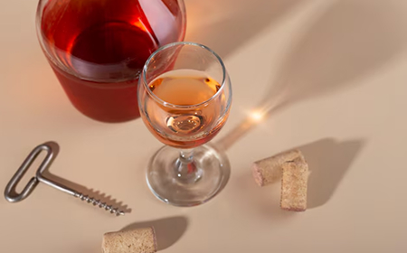 Бокал и графин с розовым вином, штопор и пробки на светлом фоне